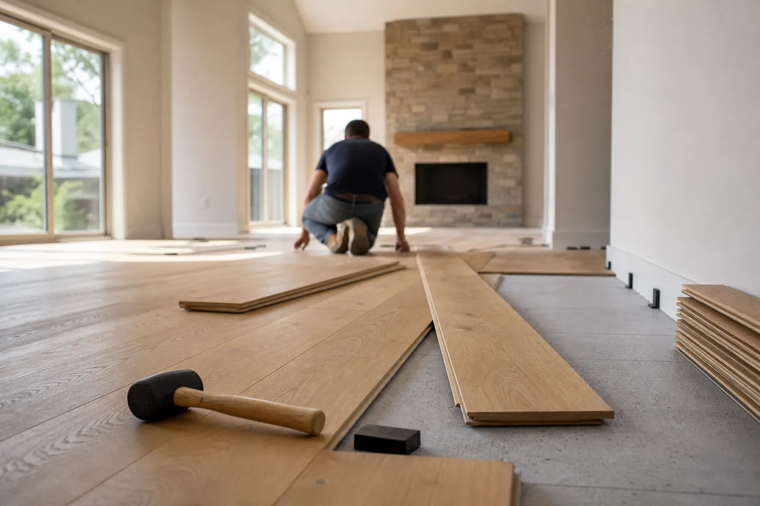 Flooring being installed in a bright living room