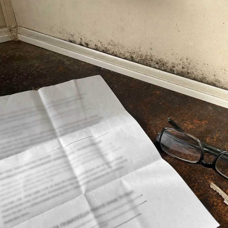 Guarantee terms beside a wall with visible mold.