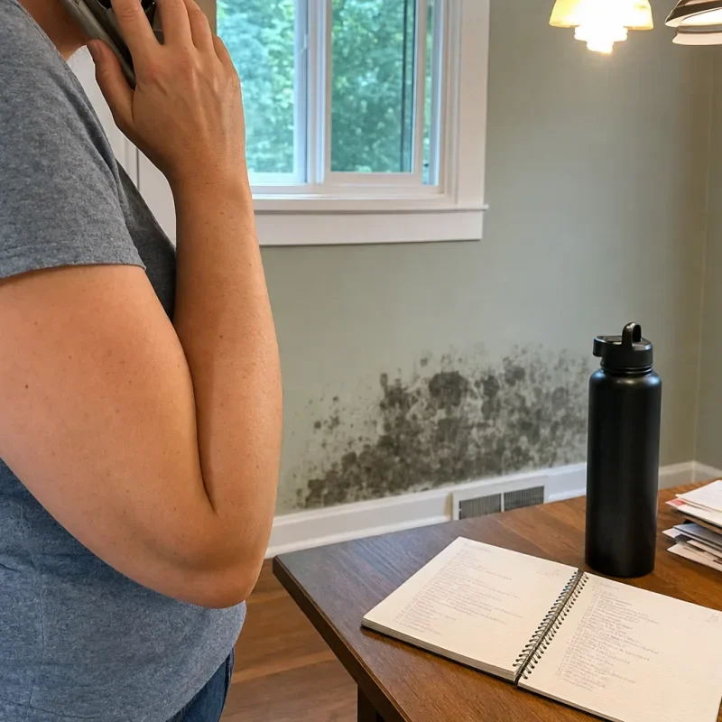 A homeowner calls about visible mold with a checklist open.
